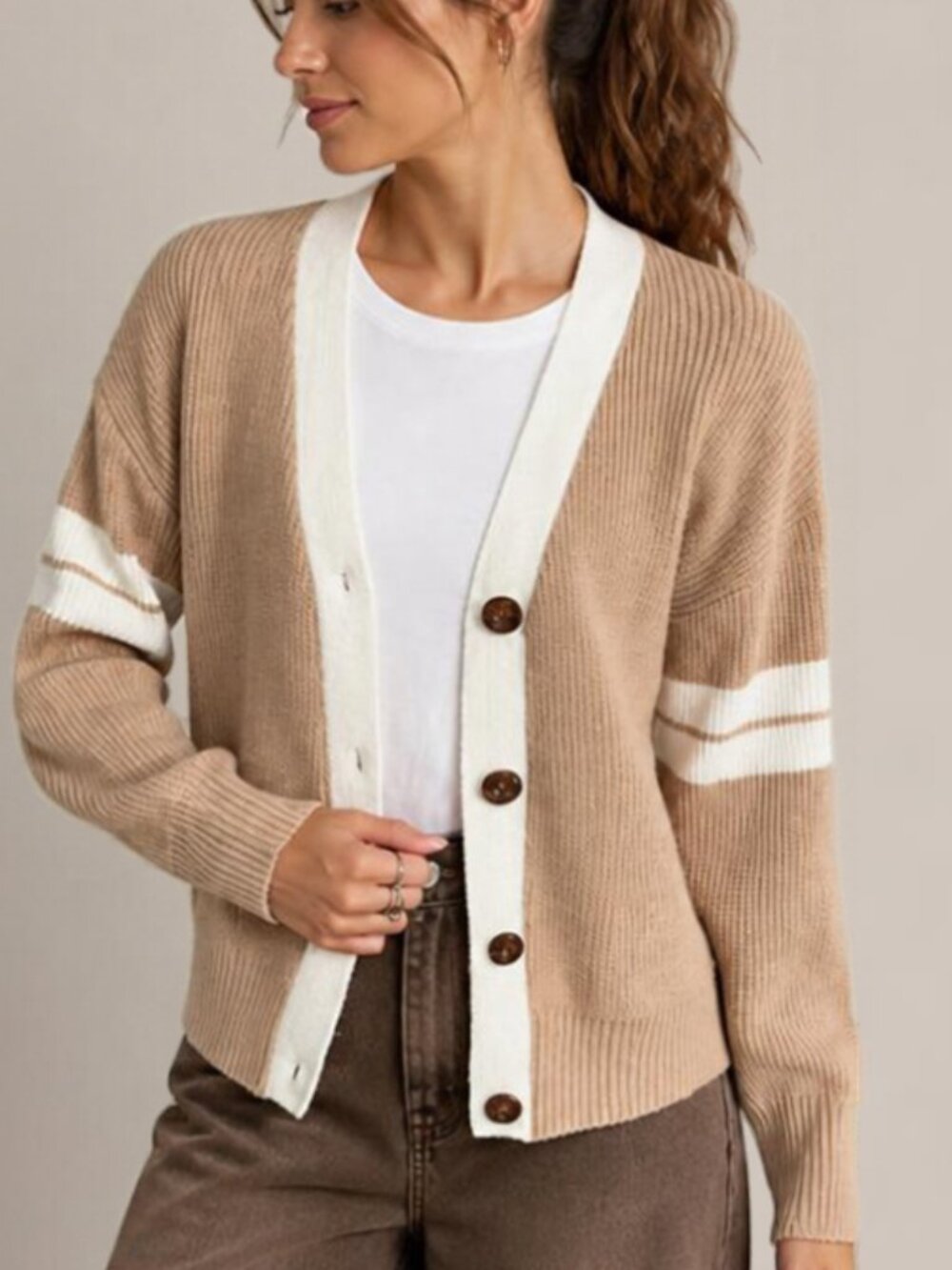 Beige Cream Ribbed Cardigan Large